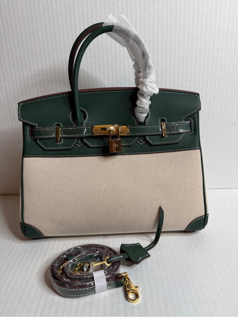 Beautiful Genuine Togo Leather,, Green and Cream Canvas-Handbag
